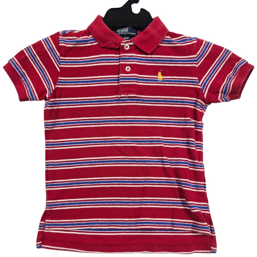 Polo Ralph Lauren Kids Red White Blue Striped Polo Shirt Short Sleeve 4/4T Pique